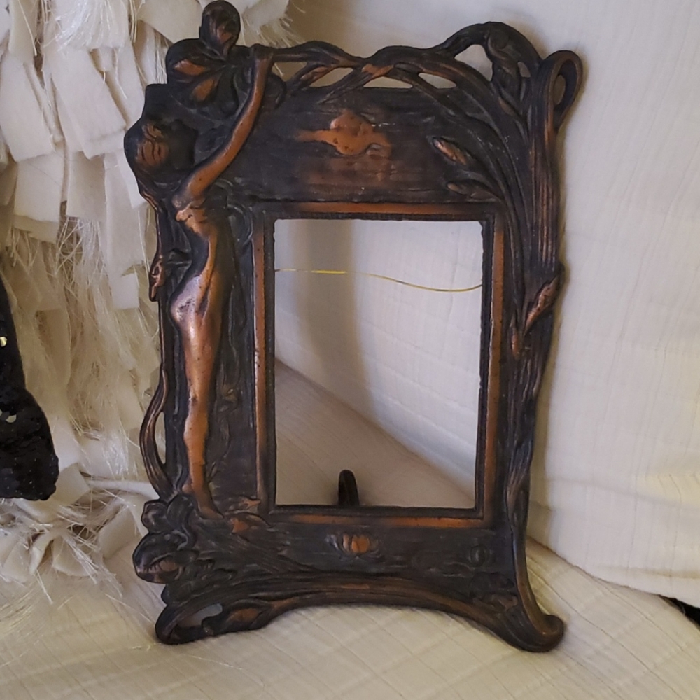 19c.Antique Art Nouveau Copper Naked Lady Unique Picture Frame